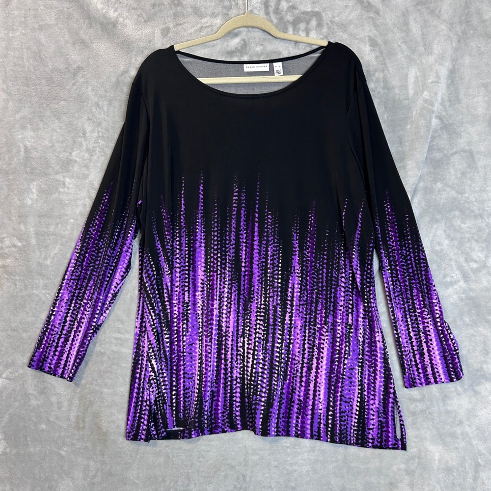 Susan Graver Tunic Top Liquid Knit  XL Black Purple Abstract Drip Long Sleeve